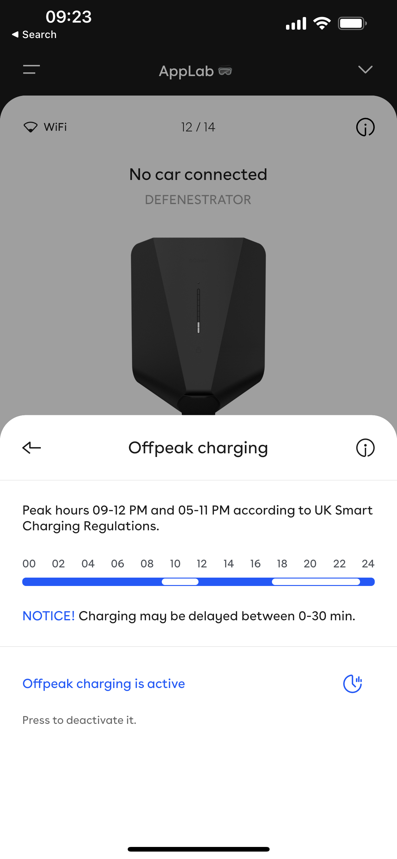 The Offpeak charging is in blue, active.