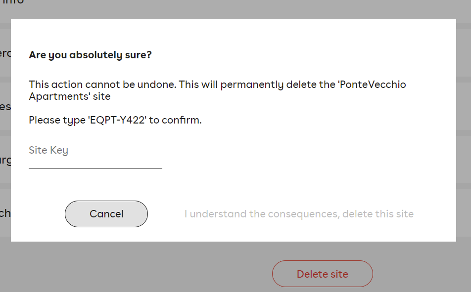 A pop up window asking to verify site deletion. The user must enter the site ID to continue.