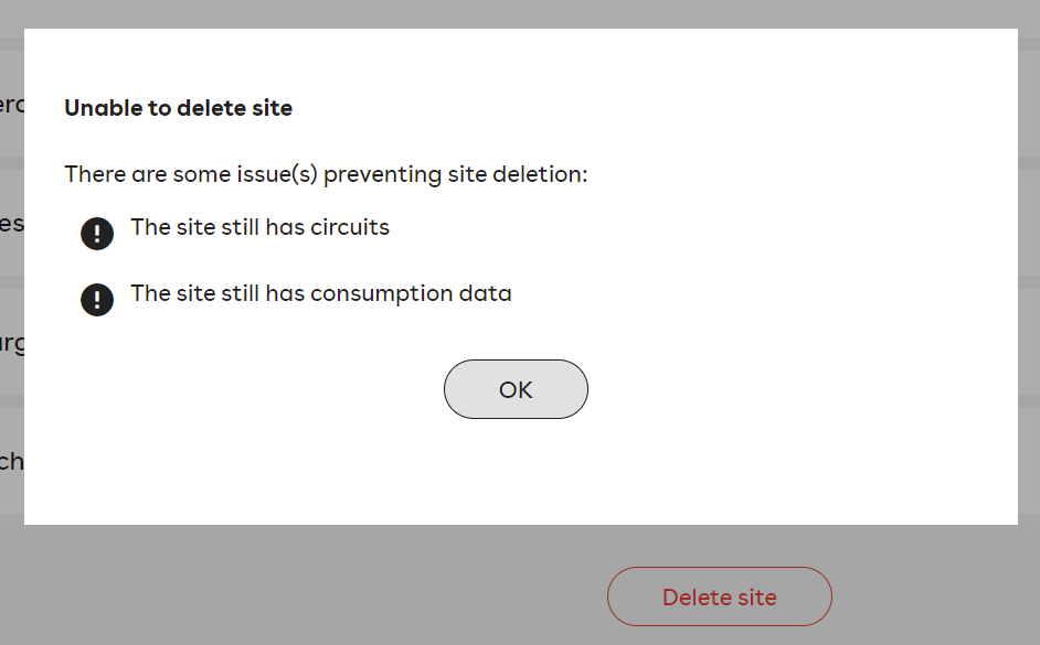 A pop up window stating that the site cannot be deleted, listing two reasons why.