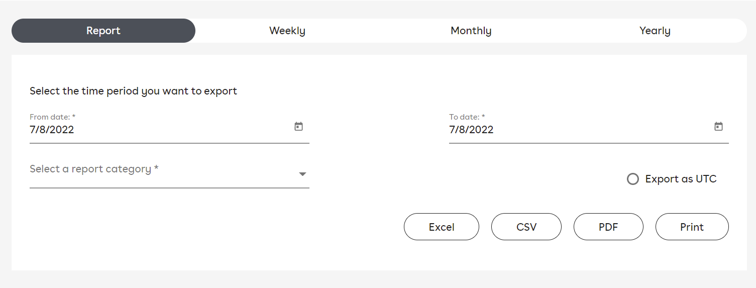 The consumption page, showing the fields to enter to generate a report.