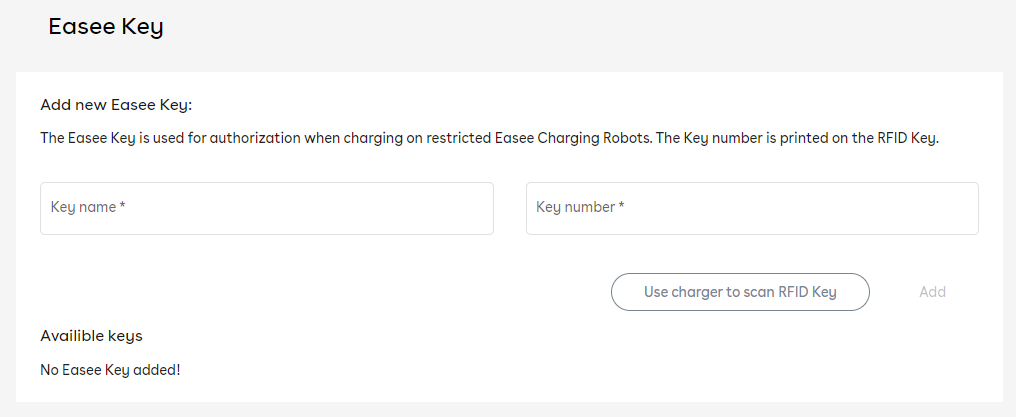 The Easee Key tab, showing the associated RFID tags, if any.