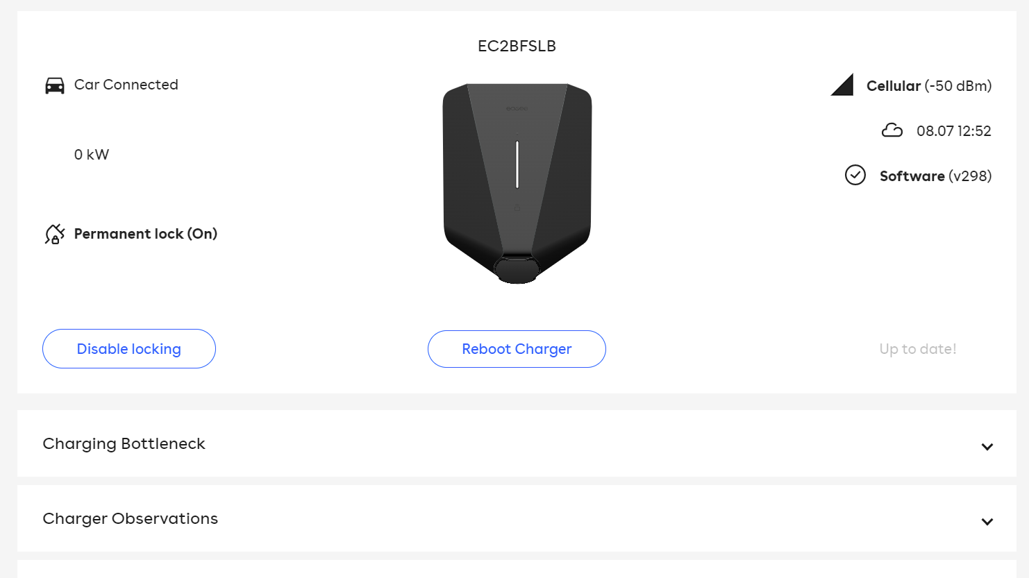 The top portion of the Product page, showing information for the selected charger or Equalizer.