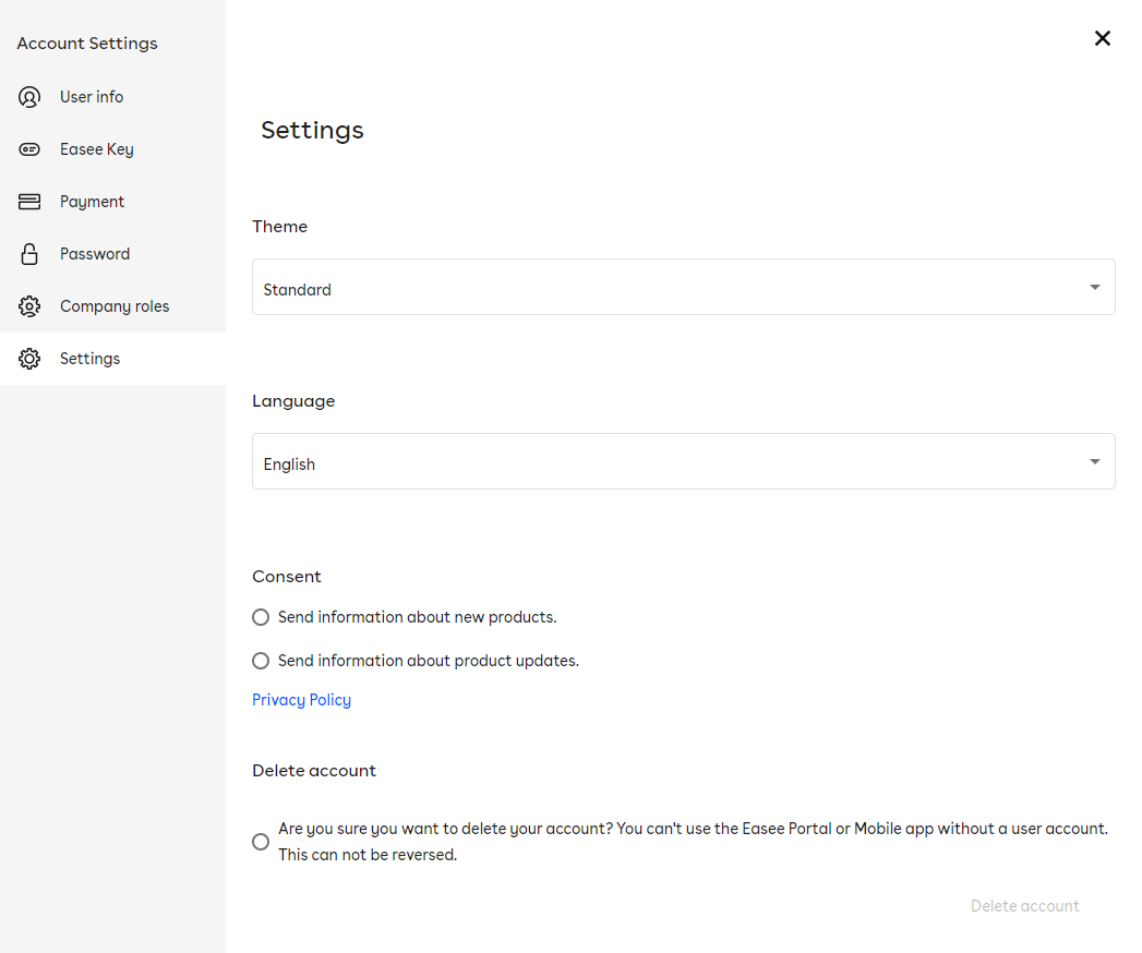 The Settings tab of the Account Settings section