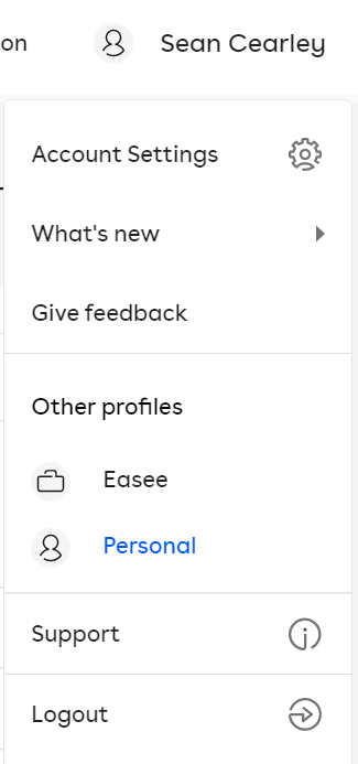 The drop-down menu displayed when clicking the user ID in the top right corner of the browser screen.