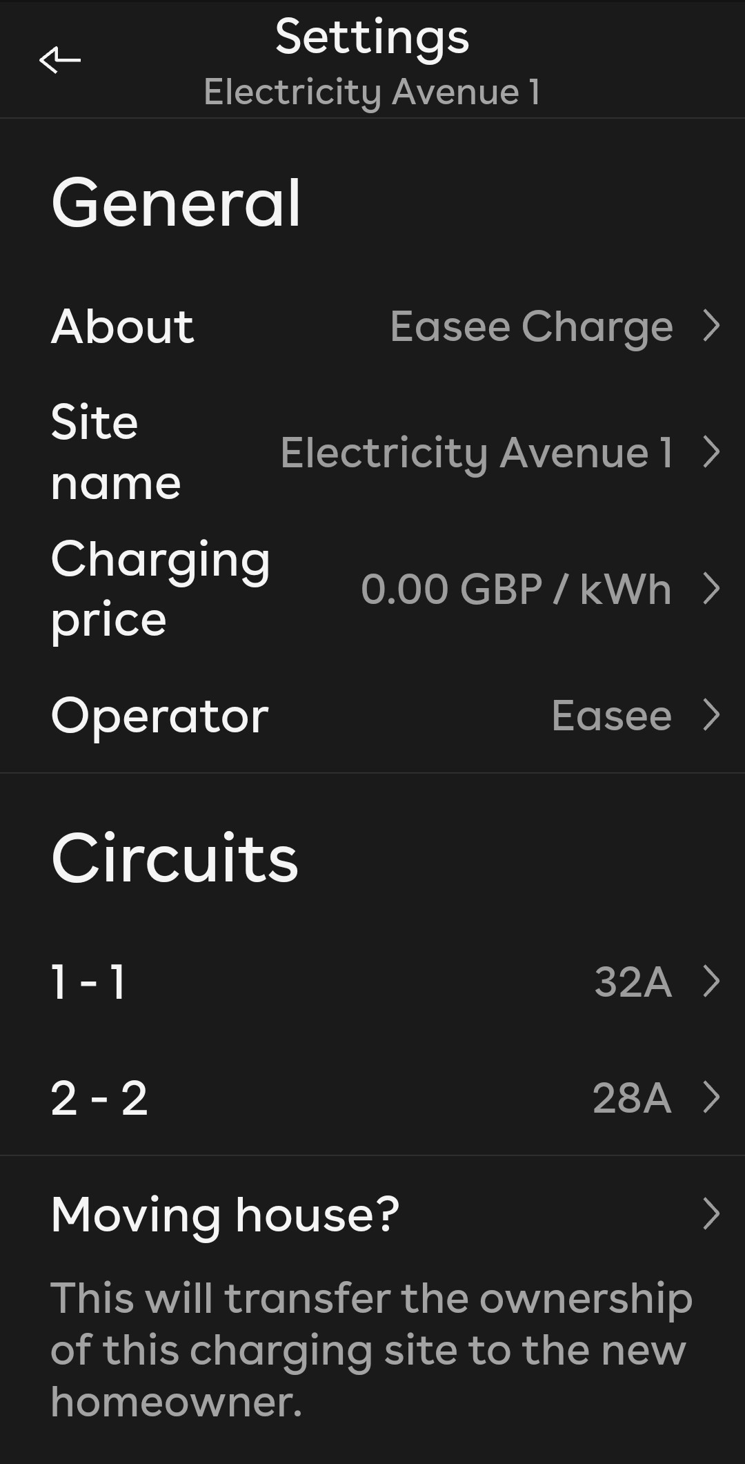 A screenshot of the general settings for a site in the Easee app.
